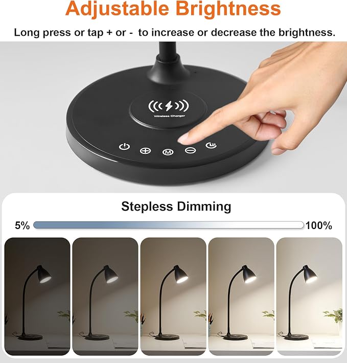 BOHON Desk Lamp for Home Office with USB C+A Charging Ports Timer Black | LED Desk Light with Wireless Charger 5 Colors Stepless Dimming Reading Light Touch Bedside Table Lamp for College Dorm Room - Image 5