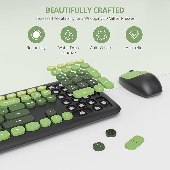 Surmen Dark Green Keyboard and Mouse Wireless Quiet, Full-Size Girly Cute Keyboard Mouse Retro Typewriter Low-Noise 2.4GHz for Computer, Desktop, Laptop (6-Black Green) - Image 2