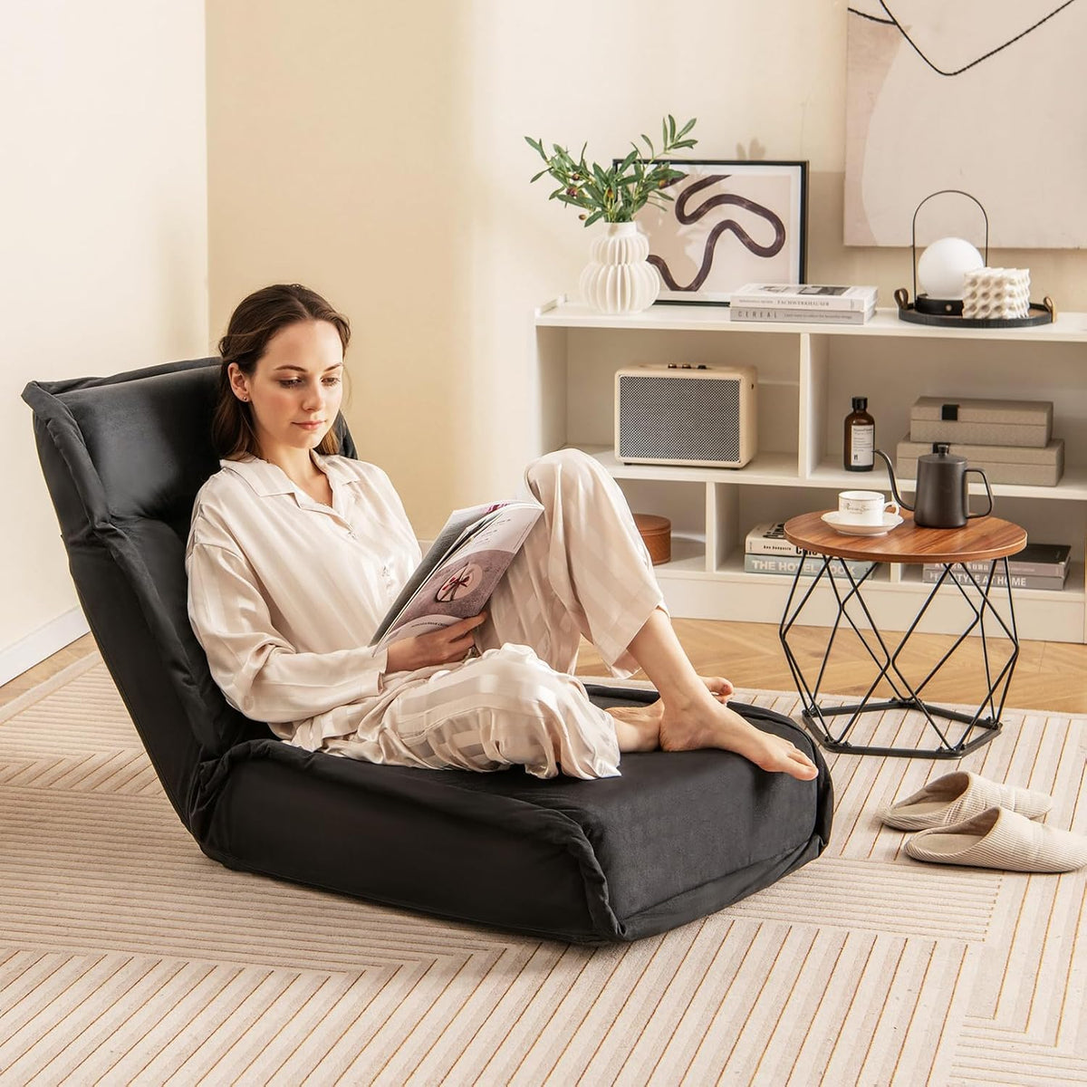 COSTWAY Folding Floor Chair, Convertible Lazy Sofa (Black) - Image 4