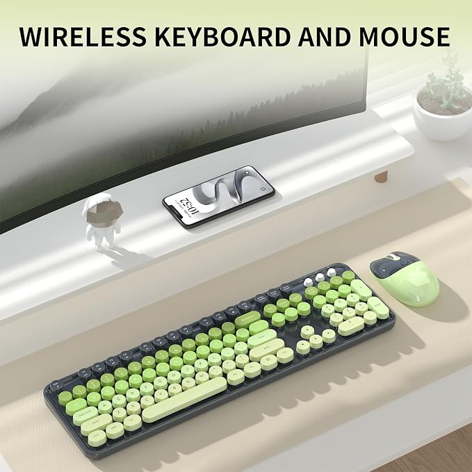 Wireless Keyboard and Mouse, MOFII 104 Round Keycaps Retro Typewriter with OTG & Brush, Full-Size Ergonomic, Ideal for Windows PC, Home, Office and College Gray Green - Image 9