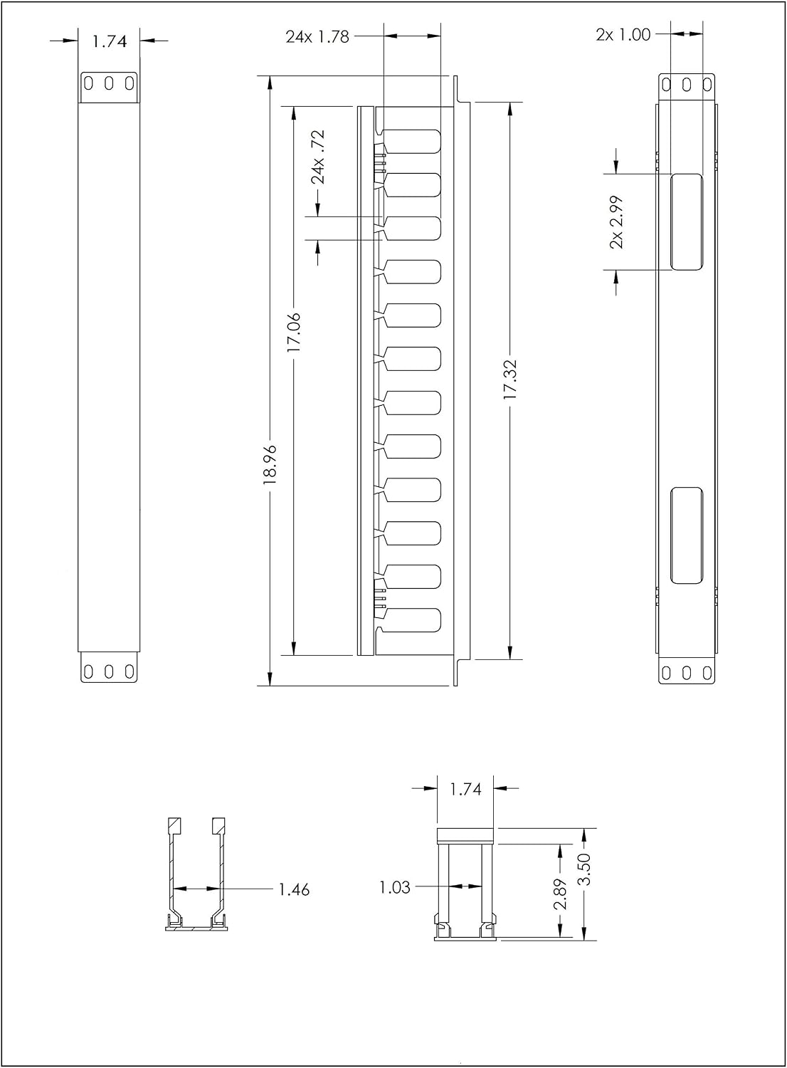 1U Horizontal Rack Mount Cable Management Unit with Panel Plastic 19" Rack Mount - Image 3