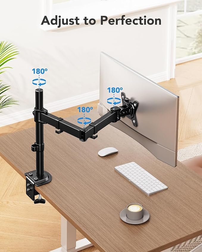 HUANUO Single Monitor Mount, Monitor Arm for 13”-32” Monitors up to 17.6 lbs, Adjustable Stand with 16” Max Height, Desk Mount with C-Clamp and Grommet Base, VESA 75x75mm or 100x100mm | 16 inch height, full-motion adjustment, C-clamp or grommet mountin... - Image 4