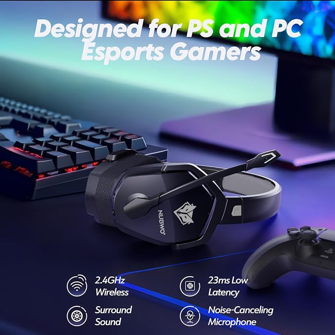 NUBWO Wireless Gaming Headset with Mic for Ps5 Ps4 PC, Zero Interference, 100-Hour Battery All-Day Play, 23ms Sync​ for Fortnite & Call of Duty/FPS Gamers, Triple Mode All Devices Compatible - Gray - Image 2