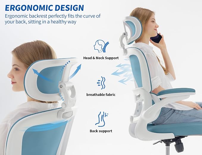 TRALT Ergonomic Office Chair Desk Chair with Adjustable Lumbar Support | Home Office Desk Chairs with Flip-up Armrests & 3D Headrest - Mesh Gaming Chairs for Adults, 330lbs, PU Leather (Blue, 1) - Image 3