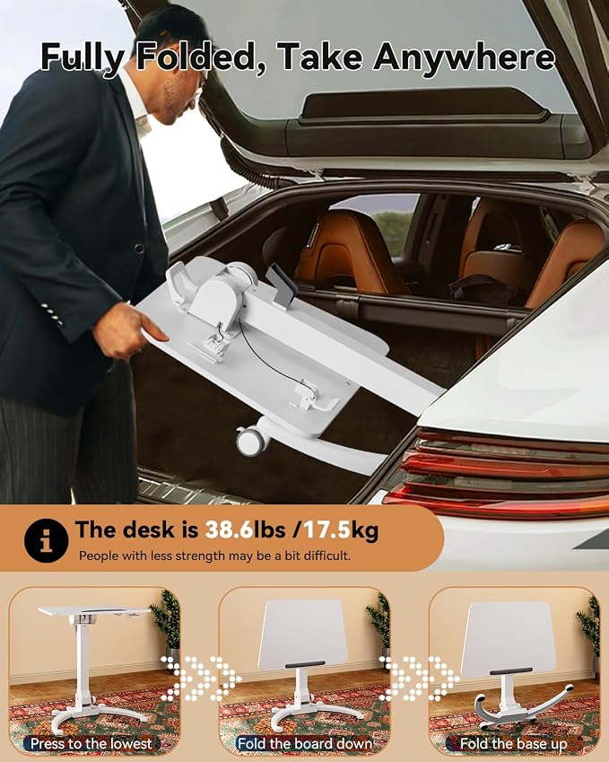 JOY worker Foldable Standing Desk on Wheels, Mobile Adjustable Laptop Desk | Max Height 47.6", 90° Tiltable Board & Base, Portable Height Adjustable Workstation with Lockable Casters, Holds 22lbs, White - Image 8