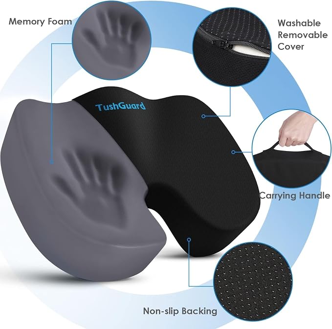 Seat Cushion for Office Chair, Car, Memory Foam, Black X-Large | For Back, Coccyx, Sciatica, Tailbone Pain, Ergonomic Design, Non-Slip, Desk Wheelchair Use, Supportive Butt Pillow, For Man - Image 3