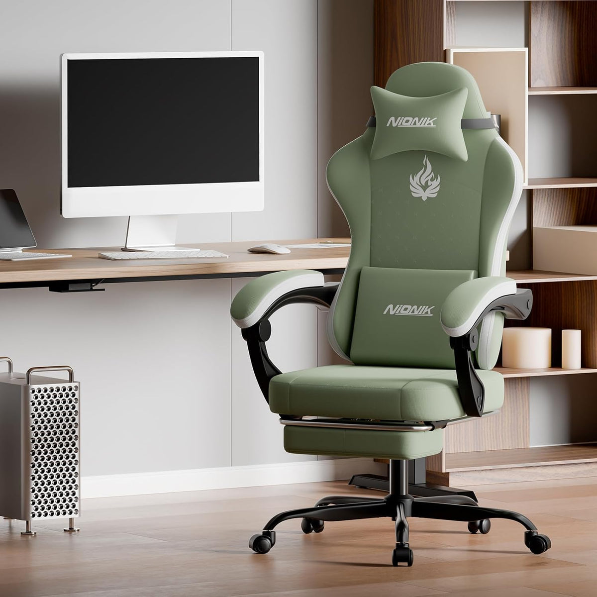 Gaming Chair with Massage,Ergonomic PC Gaming Chair Computer Chairs with Footrest Comfortable Headrest and Lumbar Support, High Back GREENWHITE - Image 2