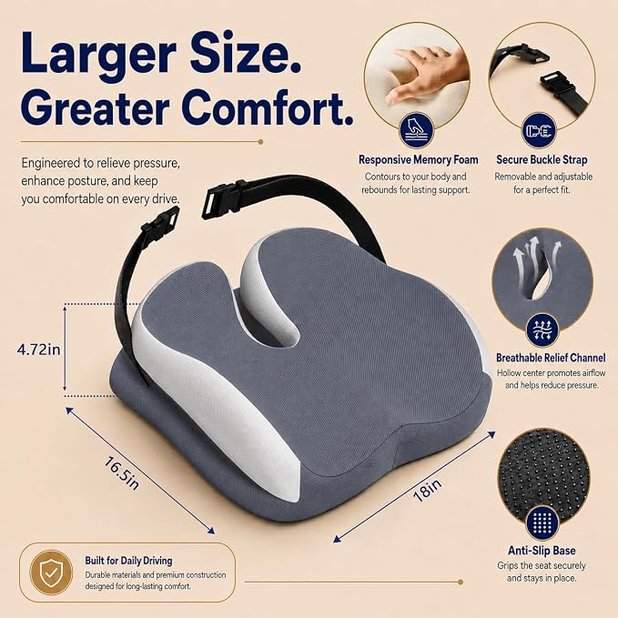 Seat Cushions for Office Chairs Wheelchair Cushion for Long Sitting Back Pain，Memory Foam Seat Car Computer Desk Chair Cushion，Coccyx Cushion for Tailbone Pain Relief Cushion Office Chair Butt Pillow | Suitable for prolonged sitting, relieves tailbone ... - Image 3