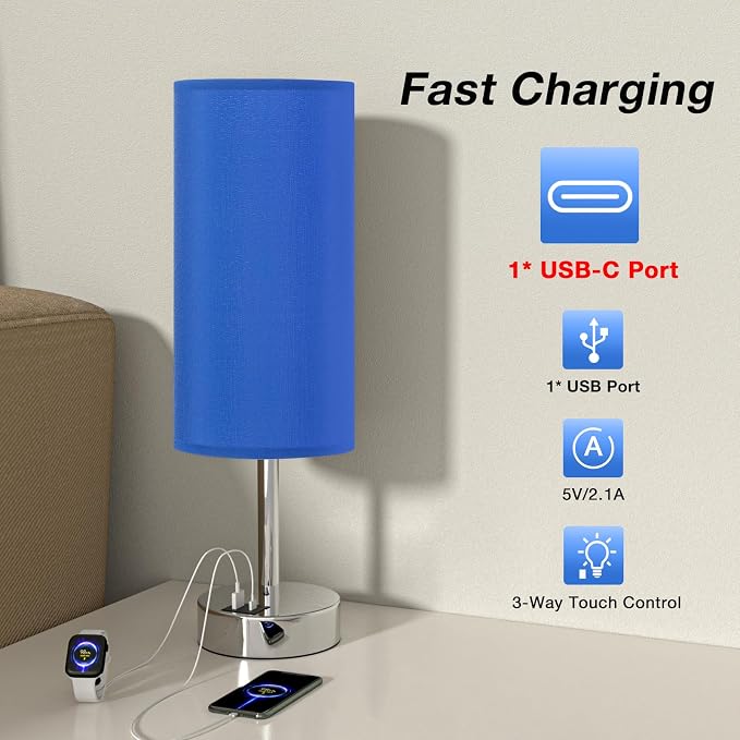 Blue Touch Table Lamp for Bedroom - Bedside Desk Lamp for College Dorm | USB A+C Ports, 3-Way Dimmable, LED Bulb Included, Navy Blue Lampshade, Silver Metal Base, Compact 14" Night Stand Lamp - Image 3