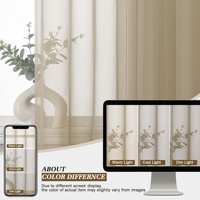 Taupe Sheer Curtains 84 Inches Long 2 Panels for Living Room 52 Wide | Sheer White Curtains for Bedroom, Elegant Airy Light Filtering Window Treatments, Rod Pocket, 2pcs Each Panel 52" W x 84" L - Image 7