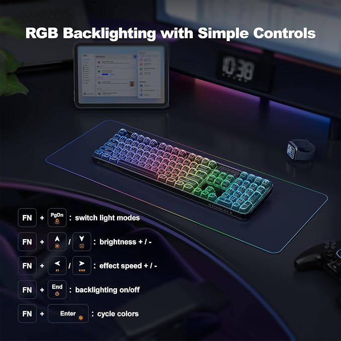 Clear Wireless Keyboard, Tri-Mode Bluetooth/2.4G Rechargeable Keyboard with RGB Backlit, Ergonomic Computer Keyboard with Transparent Keycaps for PC Laptop Desktop Home Office-Black Pearl - Image 6