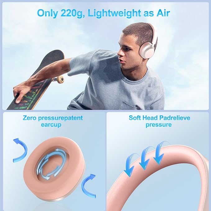 Over Ear Headphones Wireless Bluetooth, Noise Cancelling Headphones Bluetooth with Microphone, Cancelling Wireless Headphones Over Ear, 65h Playtime, Clear Calls, Comfort Fit For Travel (Pink) - Image 5