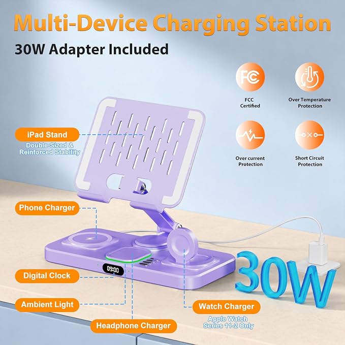 Wireless Charging Station for Apple Devices, Only for Apple Watch Charging | Included Type-C Cable for Tablet Charging, Foldable Wireless Charging Station, 7 Cycling Ambient Lights, Time Clock Display - Image 3