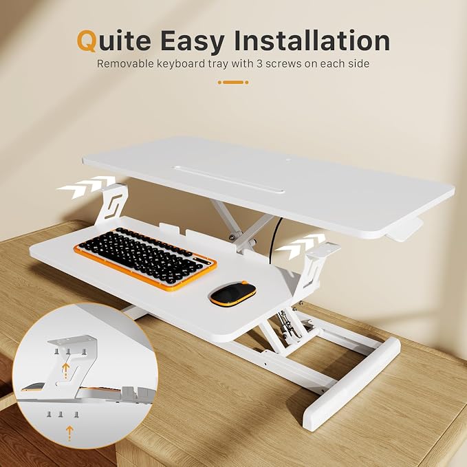 JOY worker 35" Standing Desk Converter, Height Adjustable Stand Up Riser | White Desk Top Stand Up desk Riser with Fixed Keyboard Tray, Dual Monitor and Laptop Workstation, Particle Board, Home Office - Image 4