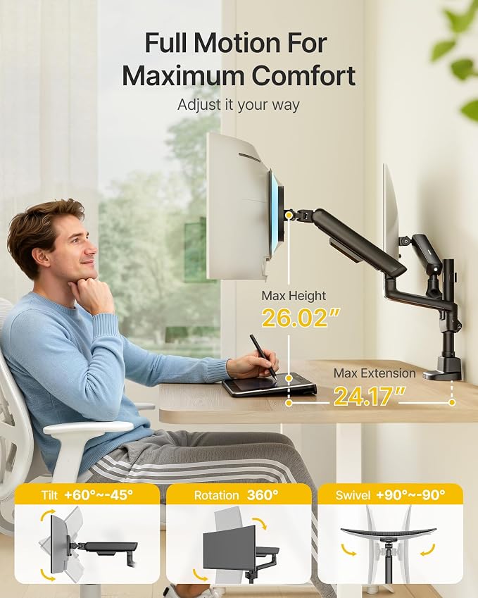 monTEK Tall Mechanical Spring Dual Monitor Arm with USB for 27 32 34 Screen | Black, Built-in One-Way Bearing, Holds 26.4 lbs, VESA 75/100mm, C-Clamp/Grommet Base & Cable Management, Office, Home, Game - Image 6