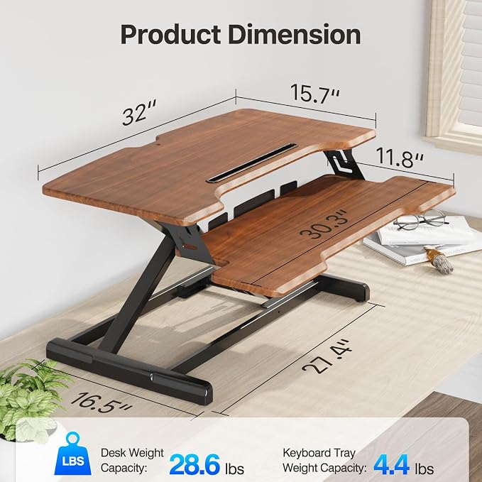 32" Standing Desk Converter, Quick Sit to Stand Desk Riser | Height Adjustable Stand up Desk with Keyboard Tray for Dual Monitor, Copmputer Workstation for Home Office, Dark Wood - Image 6