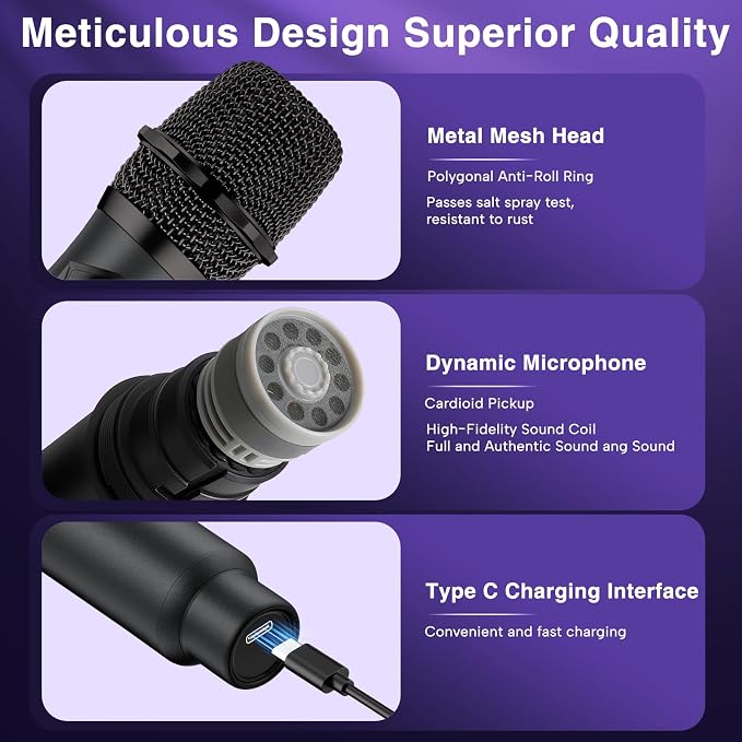 Wireless Microphone,Professional Dual Handheld Cordless Dynamic Mic System with Rechargeable Receiver,Plug & Play,Compatible with karaoke machines and PA systems for Speech,Church,Wedding,DJ,Party - Image 8