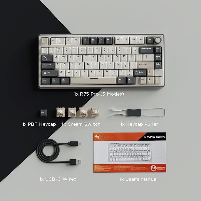 RK ROYAL KLUDGE R75 Wireless Mechanical Keyboard, 75% Percent Custom Gaming Keyboard Gasket Mount RGB Backlit with Knob & PBT Keycaps, BT5.1/2.4GHz/USB-C, Hot Swappable Cream Switch, White - Image 8