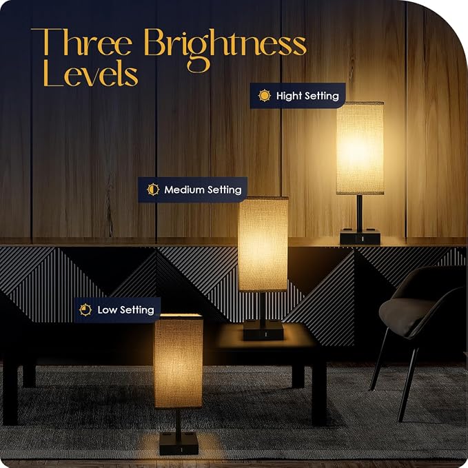 Bedside Table Lamps Set of 2 - Touch Nightstand Lamp for Bedroom with USB C+A Charging Ports & AC Outlets, 3-Way Dimmable Desk Lamp Grey Fabric Shade for Bedroom Living Room, Office(Bulb Included) - Image 5