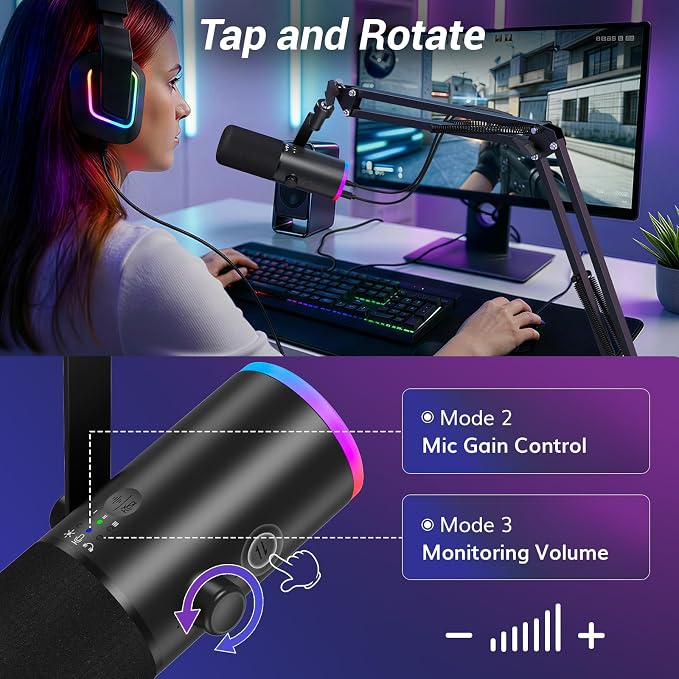 TONOR Dynamic Gaming Microphone XLR/USB Mic with AI Noise Cancellation | Boom Arm Set, RGB, Tap Mute, 3.5mm Jack, Gain Control, Microfono for Content Creators, Black, TD510 AIR S H+ - Image 5