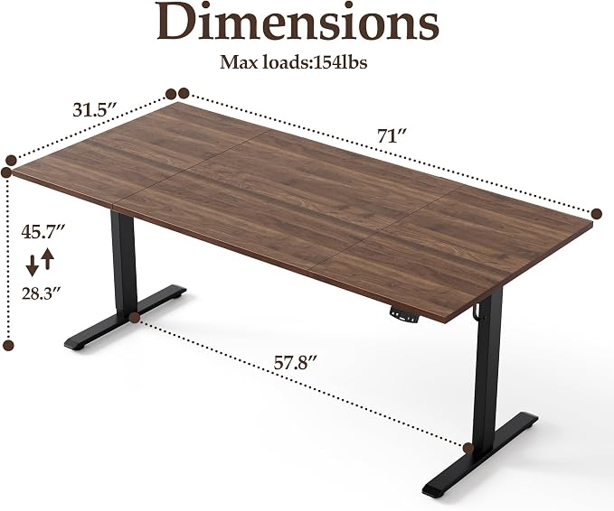Klicelor 71 Inch Large Electric Standing Desk, Height Adjustable Office Desk, Sit Stand Up Computer Gaming Desk with Memory Preset, Three-Piece Desktop, Dark Walnut - Image 3