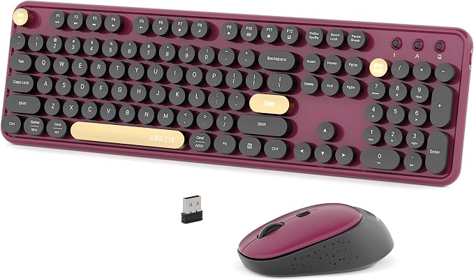 Colorful Wireless Computer Keyboards Mouse Combos (Black Claret) | UBOTIE Polychrome Round Keycaps Retro PC keyboards 2.4GHz Radio Frequency Connection With Optical Mouse Power Switch by UBOTIE