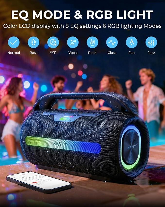 havit Outdoor Bluetooth Speaker, 120W Peak Loud Speakers with Deep Bass, Portable Wireless Speaker IPX6 Waterproof, RGB Light, 12H Playtime, TWS Stereo, EQ, for Party, Beach, Camping, Backyard, Garage - Image 7