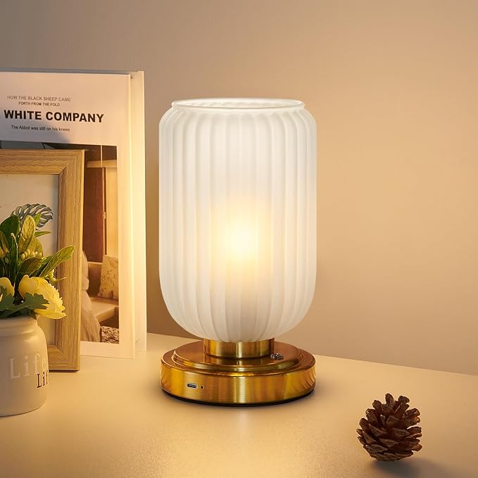LightRound Cordless Table Lamp for Bedroom, Touch Stepless Dimmable | 7500mAh Rechargeable Battery, Matte Glass Shade, Brushed Gold Base, Bulb Included, Modern Wireless Lamp for Desk, Living Room by LightRound