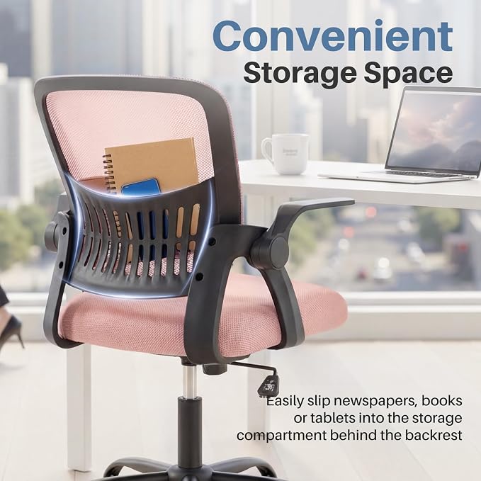 DUMOS Office Desk Chair, Lumbar Support Mesh Home Chair | Ergonomic Computer Mesh, Rocking Mode Flip-up Armrest, Height Adjustable 360 Swivel, Pink - Image 5