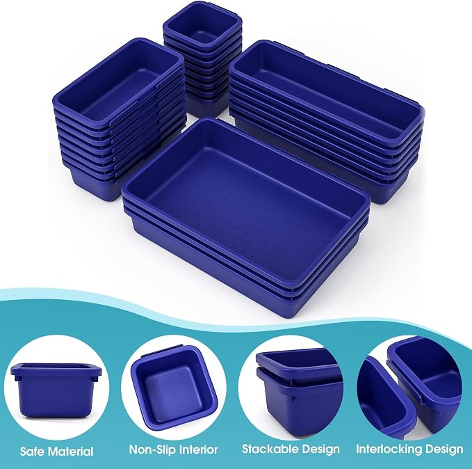 StoreHappily 25 PCS Drawer Organizer Set, 4 Size Makeup Drawer Divider Organizer With Non-Slip Pads, Interlocking Plastic Storage Bins for Office,Jewelry Vanity,Gadgets, Bathroom,Kitchen, Navy - Image 3