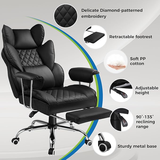 GTPLAYER Gaming Chair,Office Chair with Pocket Spring Lumbar Support, Ergonomic Comfortable Wide Office Desk Computer Chair with Outward Fixed Soft Armrests and Footrest (PU Leather, Black) - Image 5