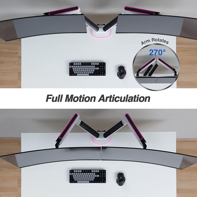 AVLT Dual 27”-43” RGB Gaming Monitor Arm Desk Mount - White | Built-in 20 Lighting Modes Touch Button Control Fits Flat/Curved/Ultrawide Screen Height Swivel Tilt Rotation Adjustable - Image 6