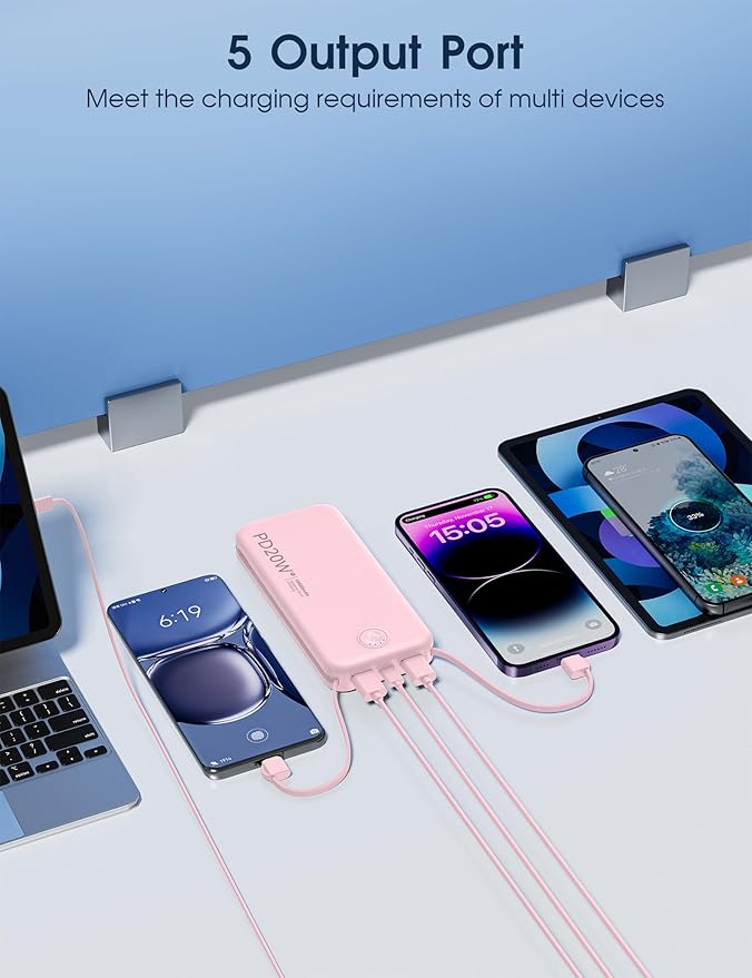 Nusyddy Portable Charger 10000mAh Fast Charging w/Built-in Wall Plug Pink | PD20W Fast Charging, LED Indicator, Pass Through Charging, TSA Approved, Compact/Slim, Power Bank for iPhone/iPad/Samsung - Image 6
