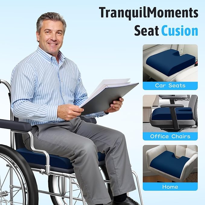 TranquilMoments Seat Cushion, Gel Wheelchair Seat Cushion, Blue | Wheelchair Seat Cushion Cooling Gel Memory Foam, Tailbone Pain Relief & Non - Slip Bottom Chair Cushion - Image 5