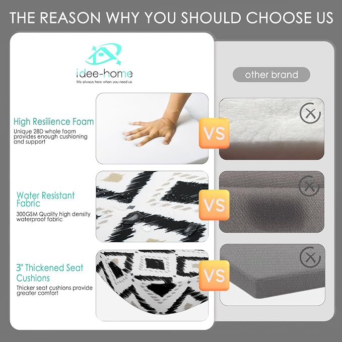 idee-home Outdoor Chair Cushions Set of 2, 17" x 17" D-Shaped | Thick Outdoor Seat Cushions Waterproof Patio Furniture with Ties Dining Pads - Image 3
