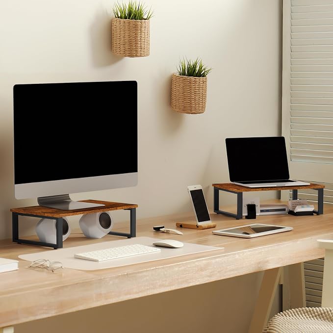 Wood Monitor Stand Riser, 2 Pack Desktop Laptop Riser for Dual Monitors & Printer, Engineered Wood Ergonomic Desktop Riser for Office PC Laptop, Rustic Brown - Image 3