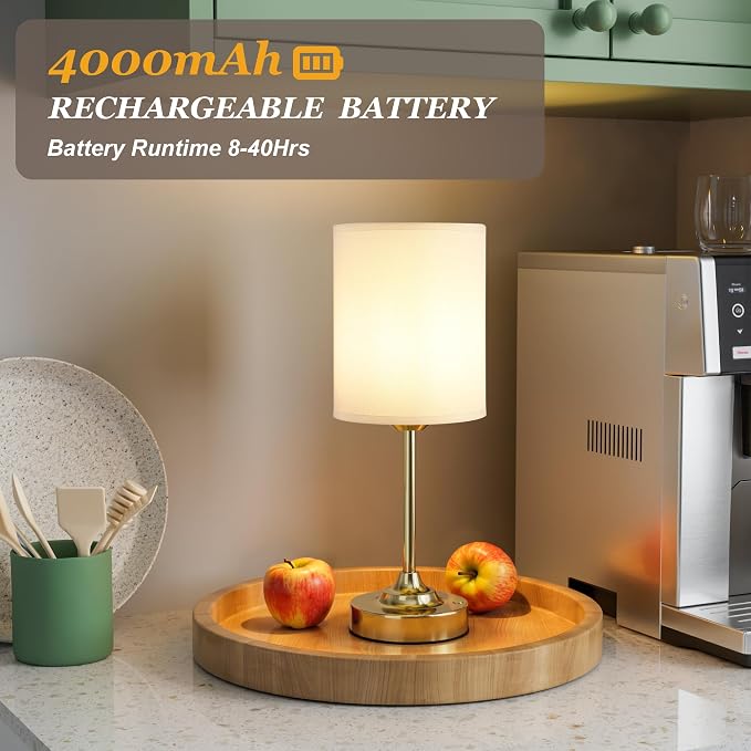 Rechargeable Table Lamp, Battery Operated, Touch Control, Brass, 1 Pack | 4000mAh Battery, USB-C Charging, 3000K Warm Light, Stepless Dimming, Brightness Memory, Up to 40 Hours, Small Table Lamp - Image 3