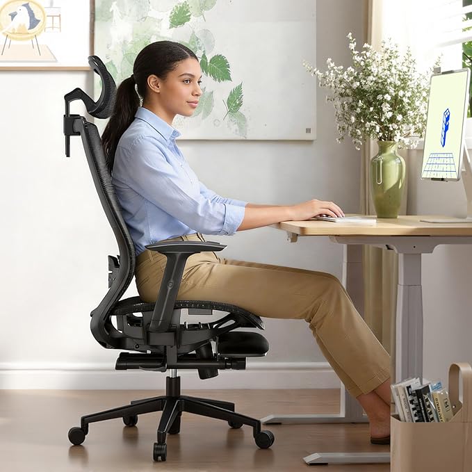 FLEXISPOT OC3 Air-F Ergonomic Office Chair with Footrest, Mesh Back Computer Chair, Home Office Desk Chairs, with Adjustable Lumbar Support/2D Headrest/Reliable Base, Black - Image 2