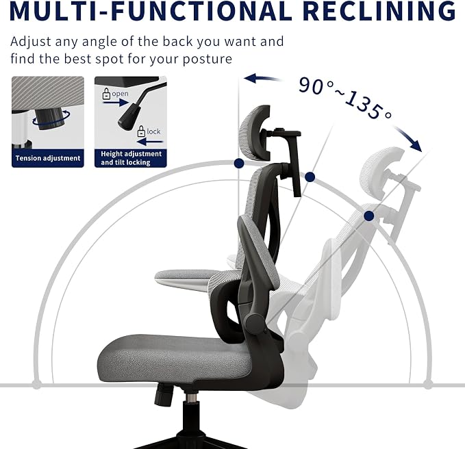 Ergonomic Office Chair - Desk Chair with Adjustable Headrest Lumbar Support Computer Chair - Mesh Comfy Chair with Flip-up Armrests - Gaming Chairs for Adults Home Office 330 LBS (Black+Gray) - Image 5