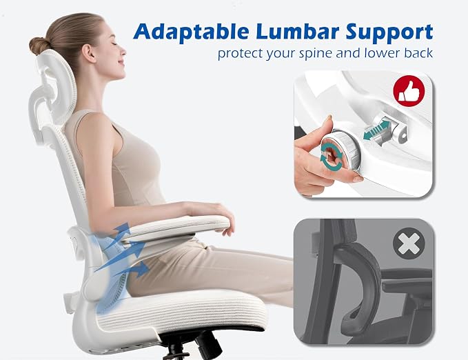 TRALT Ergonomic Office Chair Desk Chair with Adjustable Lumbar Support | Home Office Desk Chairs with Flip-up Armrests & 3D Headrest - Mesh Gaming Chairs for Adults, 330lbs, PU Leather (White, 1) - Image 3
