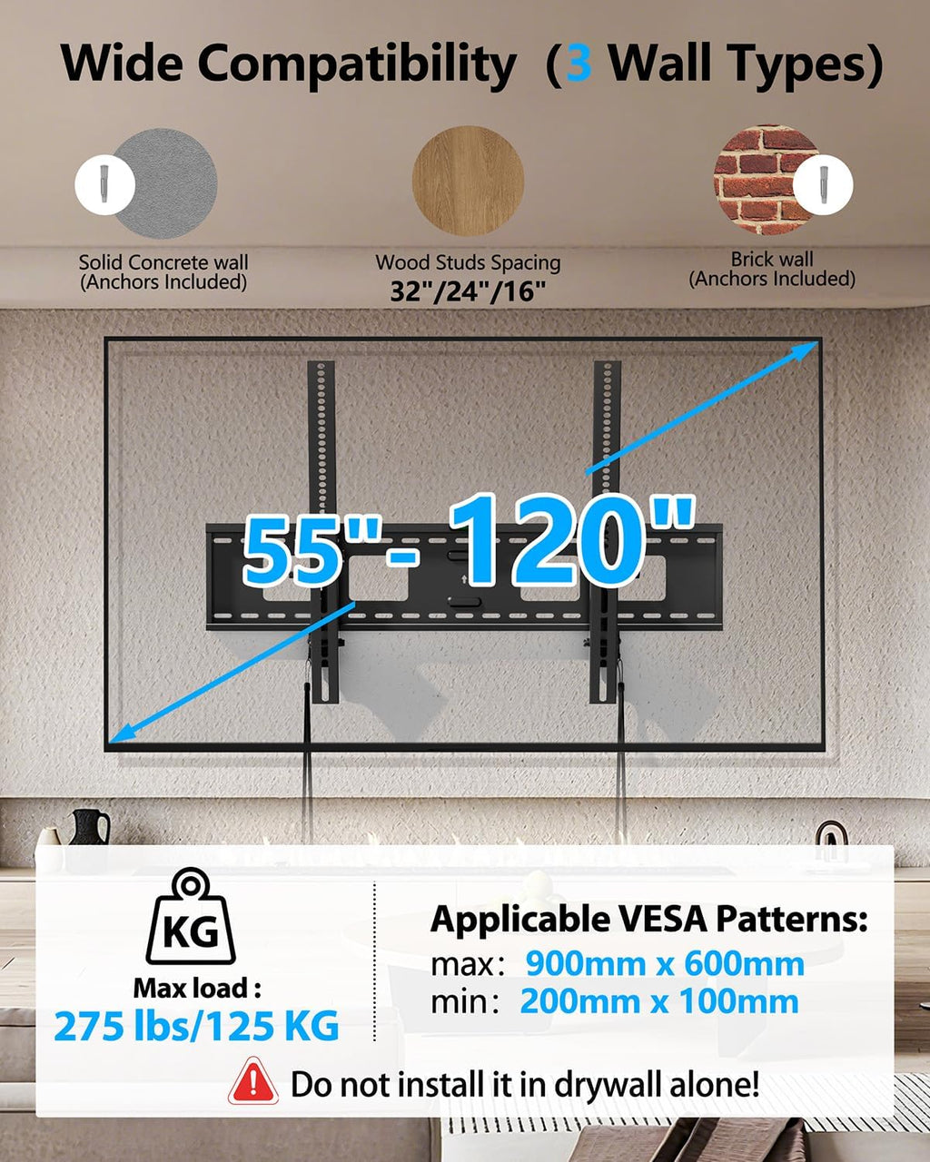 FORGING MOUNT Heavy Duty Tilting TV Wall Mount for Large TVs 47-120 Inch, Tool-Free Tilt Low Profile TV Mount,3-Stud Wall Mount Universal Bracket,VESA 900x600, Holds 275lbs, Fits 16/18/24/32" Studs - Image 3