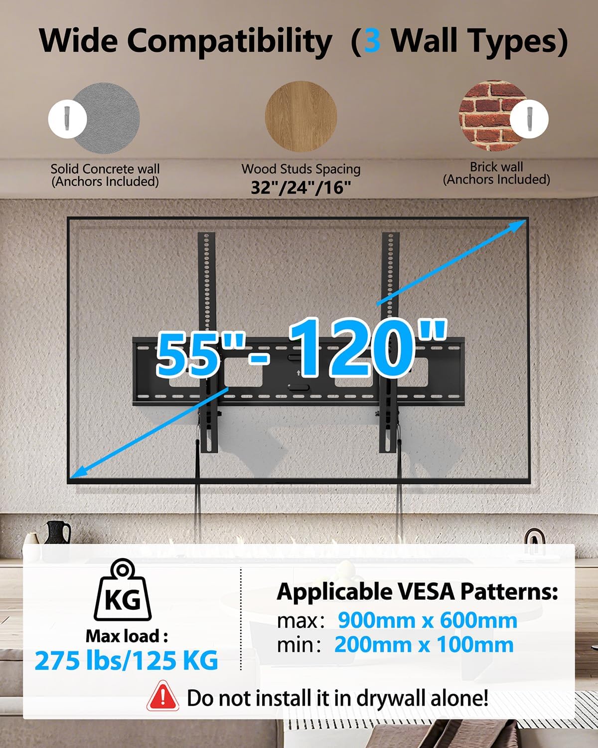 FORGING MOUNT Heavy Duty Tilting TV Wall Mount for Large TVs 47-120 Inch, Tool-Free Tilt Low Profile TV Mount,3-Stud Wall Mount Universal Bracket,VESA 900x600, Holds 275lbs, Fits 16/18/24/32" Studs - Image 3