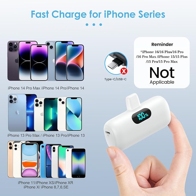 Mini Portable Charger for iPhone,Upgraded 5000mAh PD Fast Charging Battery Pack,LCD Display Cute Power Bank Portable Phone Charger for iPhone 14/14 Pro Max/13/13 Pro/12 Pro/11/XS/XR/X/8/7/6-White - Image 2