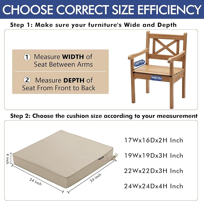Outdoor Chair Cushions Set of 2, 24 x 24 x4 Inch Deep Seat | Waterproof Patio Chair Cushions with Tie, Fade Resistant Cushions for Outdoor Furniture Garden Lawn, Cream - Image 6