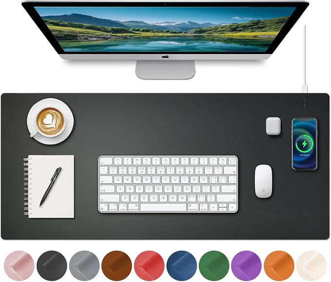 Desk Mat with Wireless Charging, Black Mouse Pad with Wireless Charger, Desk Pad Matt for Desktop, Mousepad Gaming Large Mouse Pad, Leather Compute for Keyboard and Mouse, 32" x 16" by HopeLum