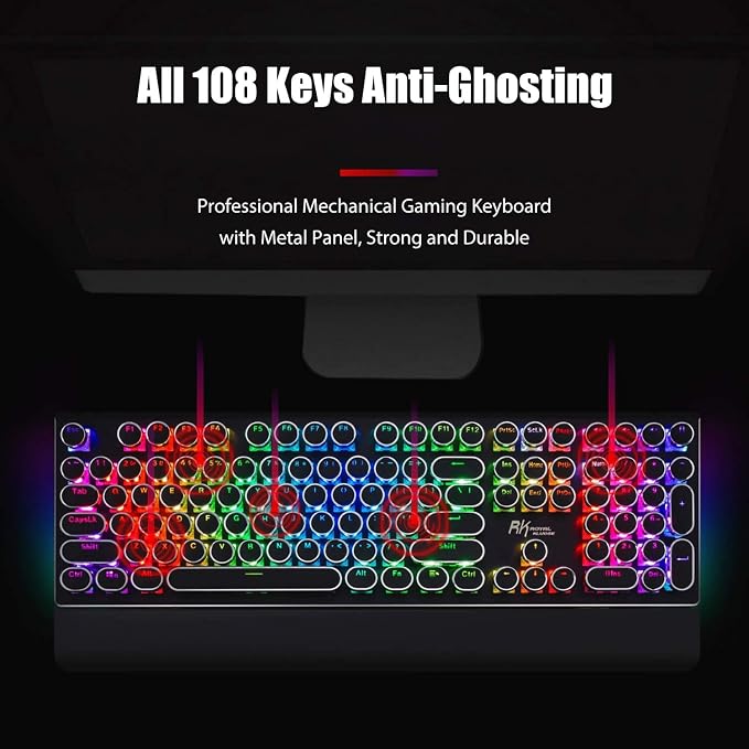 RK ROYAL KLUDGE S108 Typewriter Keyboard, Retro Mechanical Gaming Keyboard Wired 108 Keys with RGB Backlit Sidelight, Detachable Wrist Rest, Round Keycaps Blue Switches - Black - Image 4