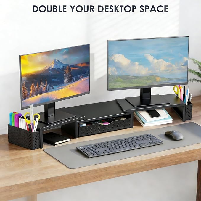 Spacrea Dual Monitor Stand Riser with Drawer and 2 Pen Holders | Monitor Riser Desk Organizers and Accessories,Desk Accessories & Workspace Desktop Organizers for Office Supplies (Black) - Image 6