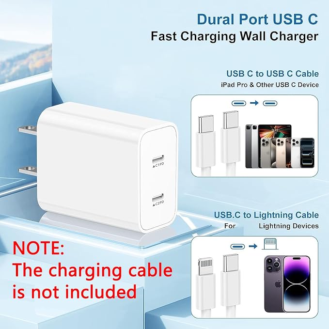USB C Fast Charger Block,USB C Charging Block 2-Pack Type C 2in1 Dual Ports Plug Wall Charger, Fast Type C Charger for iPhone 17 Pro Max/17 Pro/17 Air/16 Pro Max/15/14/13/12/11/Xs Max/XR/X,iPad - Image 4