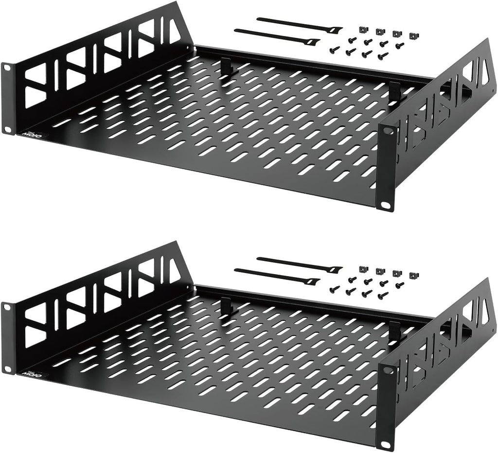 Tecmojo 2 Pack 2U Rack Shelf,19 inch Rack Mount Shelf 14 inch Depth,with Anti-Slip Stops,Server Rack Shelf and Network Shelf for 19 in Equipments, 55lbs Capacity of Vented 2U Shelf,Black,No Lip by Tecmojo