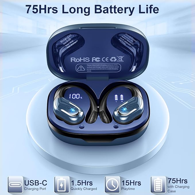 Wireless Earbud, Bluetooth 5.4 Headphones IP7 Waterproof Sport, 75Hrs Running Wireless Earphones with ENC Noise Canceling Mic, Deep Bass Over Ear bud with Earhooks for Android, iOS, Workout, Gym, Blue - Image 3